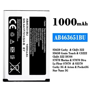 แบตเตอรี่โทรศัพท์มือถือ AB463651BU สำหรับรุ่น Samsung S3650 Corby