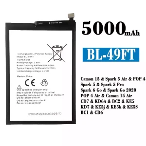 แบตเตอรี่โทรศัพท์มือถือ BL-49FT สำหรับรุ่น Tecno Camon 15 /Camon 15 Air/ Spark 5 Air /Spark 5 / Spark 5 Pro / Spark 6 Go / Spark Go 2020 / POP 4/POP 4 Air