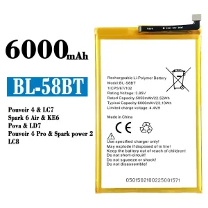 แบตเตอรี่โทรศัพท์มือถือ BL-58BT สำหรับรุ่น Tecno Pouvoir 4 / Pouvoir 4 Pro/ Spark 6 Air / Spark power 2