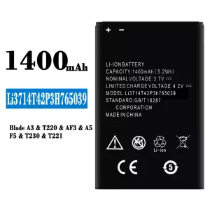 แบตเตอรี่โทรศัพท์มือถือ Li3714T42P3H765039 สำหรับรุ่น ZTE Blade A3/T220/AF3/A5/F5/T230/T221
